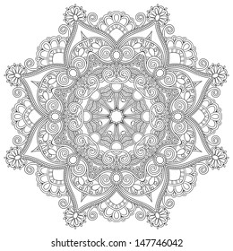 Circle lace ornament, round ornamental geometric doily pattern, black and white collection