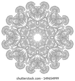 Circle lace ornament, round ornamental geometric doily pattern, black and white collection