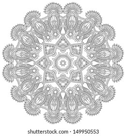 Circle lace ornament, round ornamental geometric doily pattern, black and white collection