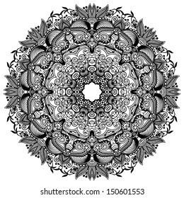 Circle lace ornament, round ornamental geometric doily pattern, black and white collection