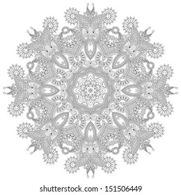 Circle lace ornament, round ornamental geometric doily pattern, black and white collection