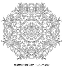 Circle lace ornament, round ornamental geometric doily pattern, black and white collection