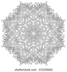 Circle lace ornament, round ornamental geometric doily pattern, black and white collection