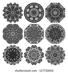 Circle lace ornament, round ornamental geometric doily pattern, black and white collection