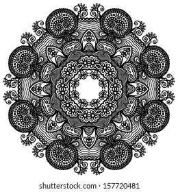Circle lace ornament, round ornamental geometric doily pattern, black and white collection