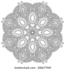 Circle lace ornament, round ornamental geometric doily pattern, black and white collection