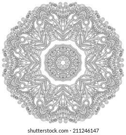 Circle lace ornament, round ornamental geometric doily pattern, black and white collection