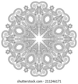 Circle lace ornament, round ornamental geometric doily pattern, black and white collection