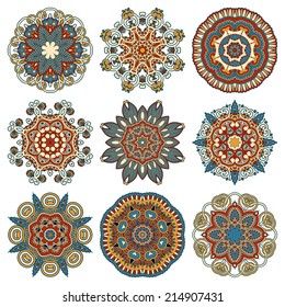 Circle lace ornament, round ornamental geometric doily pattern collection. Vector illustration