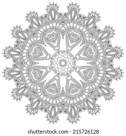 Circle lace ornament, round ornamental geometric doily pattern, black and white collection. Vector illustration