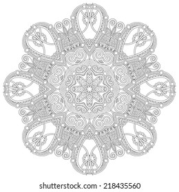 Circle lace ornament, round ornamental geometric doily pattern, black and white collection. Vector illustration