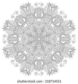 Circle lace ornament, round ornamental geometric doily pattern, black and white collection. Vector illustration