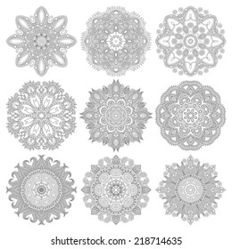 Circle lace ornament, round ornamental geometric doily pattern, black and white collection. Vector illustration