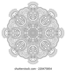 Circle lace ornament, round ornamental geometric doily pattern, black and white collection. Vector illustration