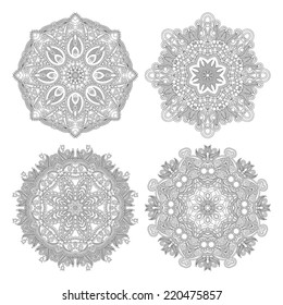 Circle lace ornament, round ornamental geometric doily pattern, black and white collection. Vector illustration