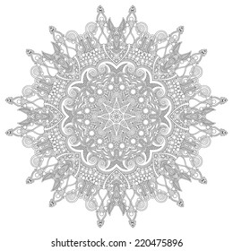 Circle lace ornament, round ornamental geometric doily pattern, black and white collection. Vector illustration