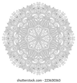 Circle lace ornament, round ornamental geometric doily pattern, black and white collection. Vector illustration