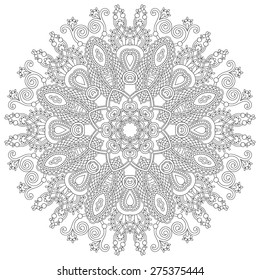 Circle lace ornament, round ornamental geometric doily pattern, black and white collection, vector illustration