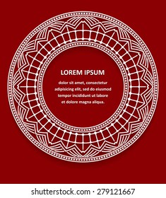 Circle lace ornament, round ornamental geometric doily pattern with empty space for text. Vector illustration greeting, wedding invitation. Dark red background, EPS 10.