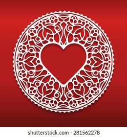 Circle lace ornament, round ornamental geometric doily pattern with heart shaped empty space for text. Vector illustration greeting, wedding invitation, Valentine's card. Dark red background, EPS10.