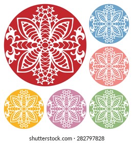 Circle lace ornament, round ornamental geometric doily pattern, christmas snowflake decoration.