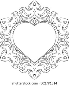 Circle lace ornament, round ornamental geometric doily pattern with heart shaped empty space for text. Vector illustration greeting, wedding invitation, Valentine's card. 
