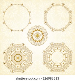Circle lace ornament, set round ornamental geometric doily pattern.
