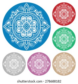 Circle lace ornaments collection, round ornamental geometric doily pattern, christmas snowflake decoration.