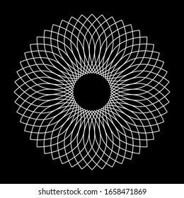 Circle lacy pattern. Abstract geometric design element. White lace grid texture on black background. Vector art.