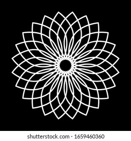 Circle lacy pattern. Abstract geometric design element. White lace grid texture on black background. Vector art.