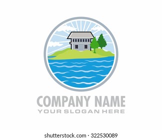 circle lake island house vector logo image icon