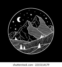 Circle landscape mountain. Art adventure logo, icon, symbol design illustration