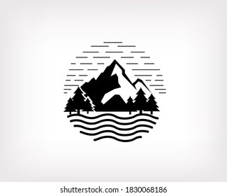 Circle landscape mountain, lake, river, sea black drawing art adventure logo, icon, symbol design illustration
