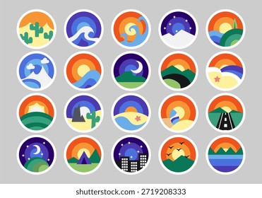 Icono de paquete de pegatinas de paisaje de círculo 