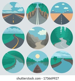 Circle Landscapes Icons in Trendy Flat Style