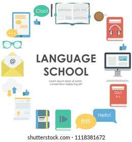 The circle of language attributes. With word "Hello" in different languages. Perfect for advertising, poster, banner or icons. Also can be used for language courses, school and online study platform. 