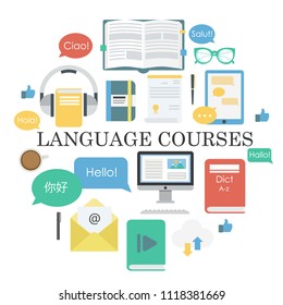 The circle of language icons and with word "Hello" in different languages. Perfect for advertising, poster, banner or icons. Also can be used for language courses, school and online study platform. 
