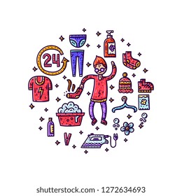 Circle laundre banner template. Man in the laundry. Hand drawn vector illustration. Man with dirty sock