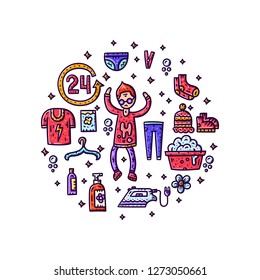Circle laundre banner template. Man in the laundry. Hand drawn vector illustration. A man in a dirty jacket.