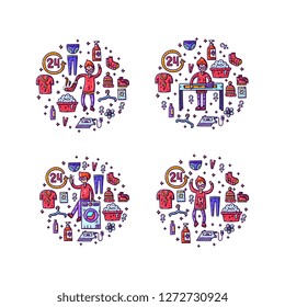 Circle laundry concept. Banner collection. Hand drawn illustration