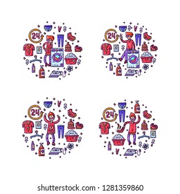 Circle laundry concept. Banner collection. Hand drawn illustration. Doodle style set