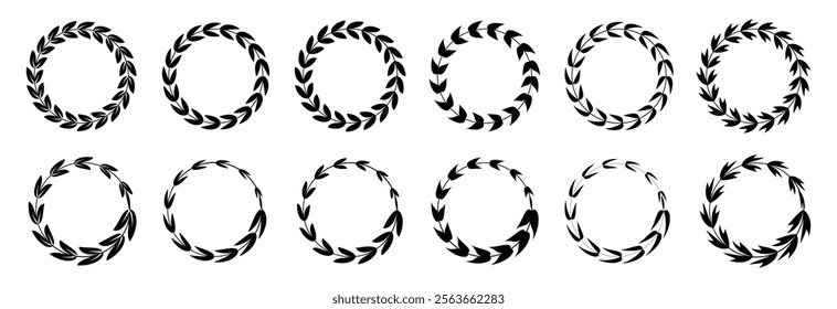 Circle Laurel wreath. Set outline silhouette hand drawn laurel wreaths isolated Doodle floral frames. Vector illustration.