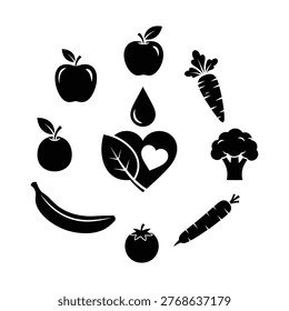 Circle layout of black fruit and vegetable icons including apple, banana, carrot, broccoli, tomato, leaf, and heart.