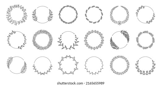 Circle leaf frame. Floral round laurel wreath of oil branch, wedding silhouette emblem, award certificate symbol. Vector decorative element collection. Elegant foliage border templates set