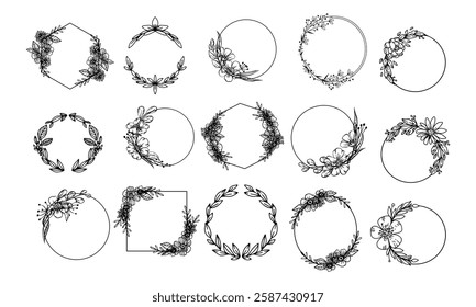 Circle leaf frame. Floral round laurel wreath of oil branch, wedding silhouette emblem, award certificate symbol. Vector decorative element collection 