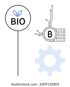 A circle with a leaf and the word BIO, a Bitcoin symbol with circuitry, and a gear cog are displayed. Ideal for themes of ecological sustainability, cryptocurrency, technology integration