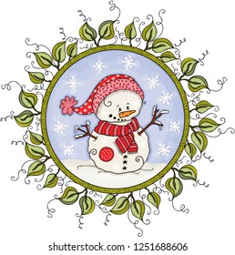 Circle of leaves border frame with cute snowman

