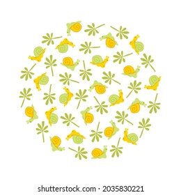 Ein Kreis von Blättern und süßen Schnecken. Eine Illustration für Kinder. 