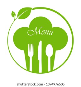 Circle with leaves, Cutlery and a chef's hat with menu inscription. Blank for menu, flat design