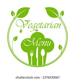 Circle with leaves, Cutlery and a chef's hat with the inscription Vegetarian Menu. Blank for menu, flat design